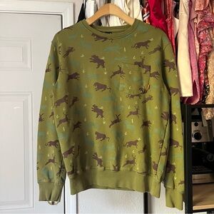 POLER olive army green crew neck men’s‎ pullover animal graphic sweater